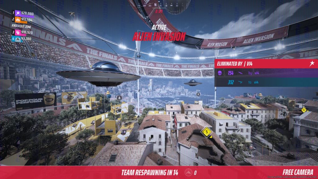 UFOs hover above the arena with the Alien Invasion Game Show Event in The Finals.