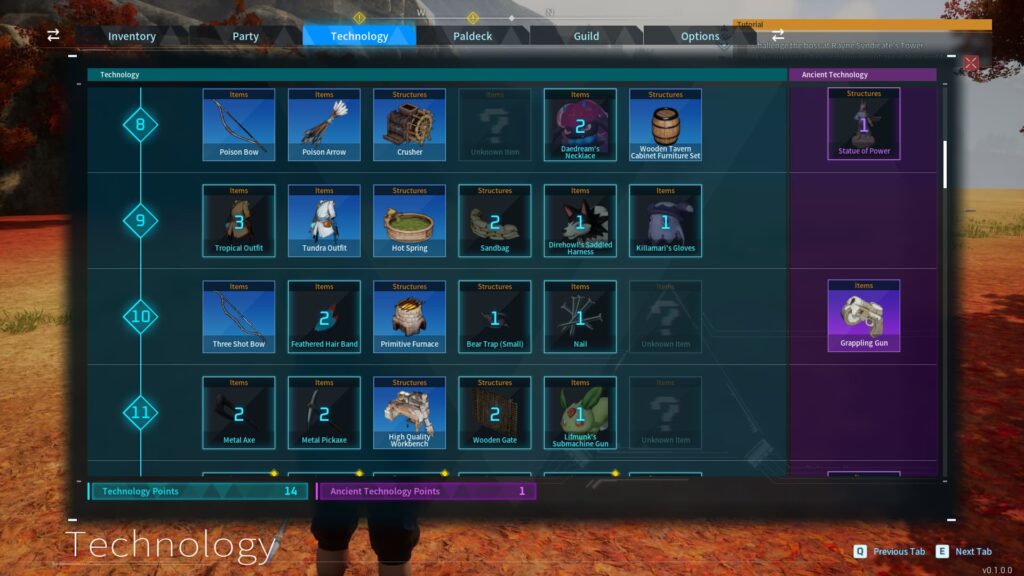 The Technology tab in Palworld shows the different Technology and Ancient Technology items that can be unlocked.