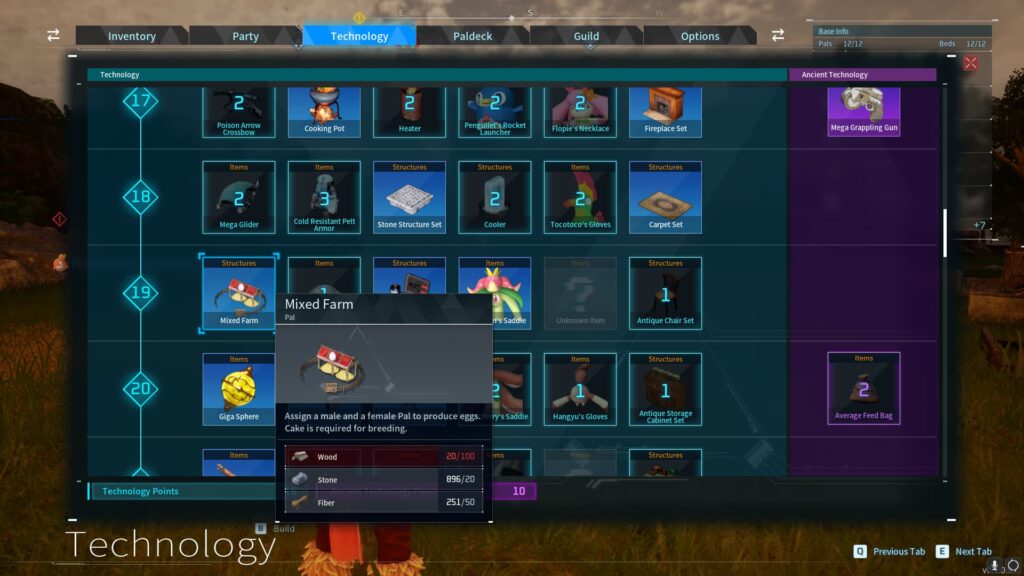 The requirements needed to build a Mixed Farm through the Palworld Technology tab.