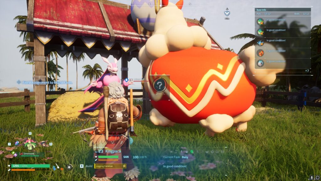 A Lovander and Kingpaca are assigned to the Mixed Farm to breed in Palworld.