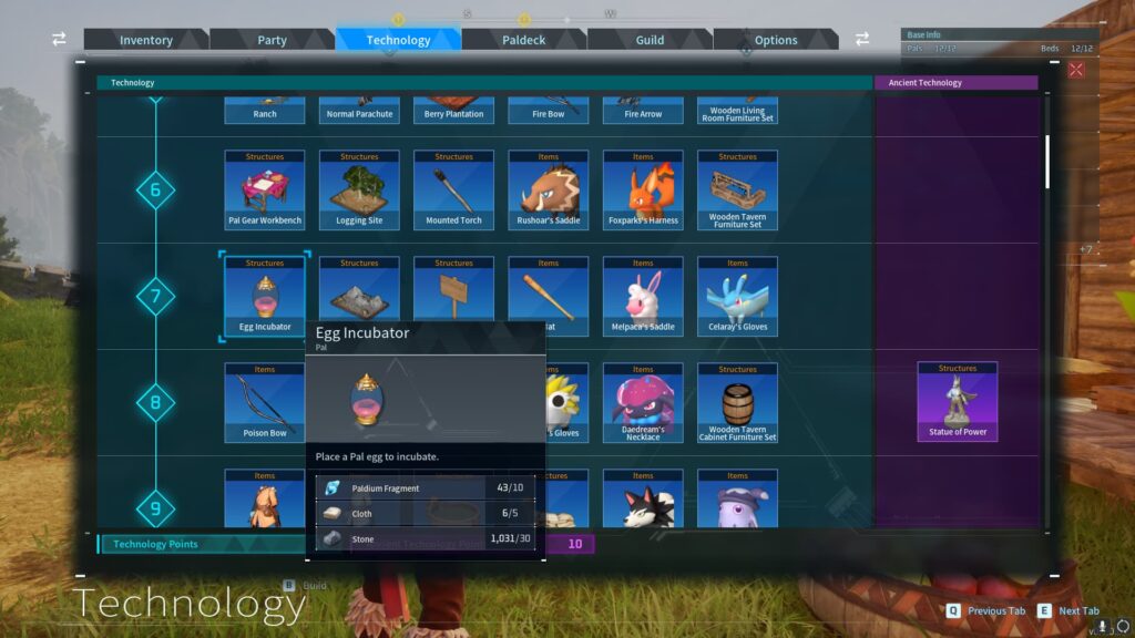 The requirements needed for the Egg Incubator, shown through the Technology tab.