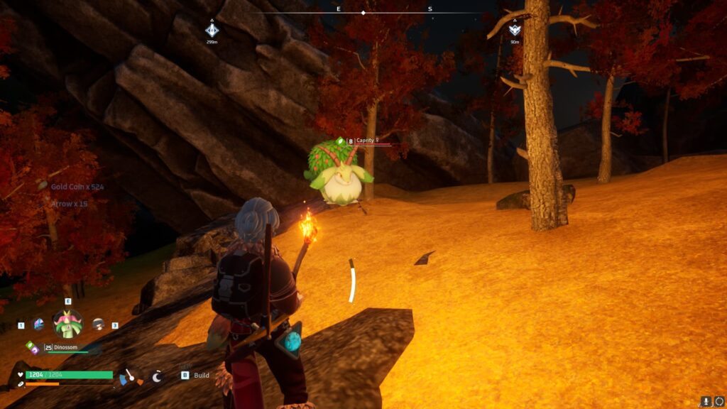 A Pal Tamer approaches a Caprity in Palworld.