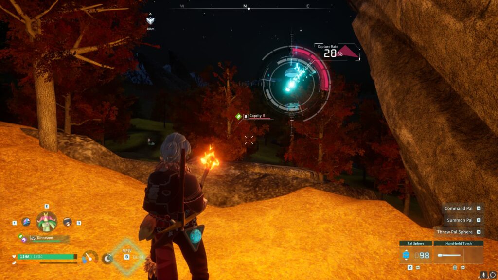 A Pal Tamer has thrown a Sphere at the Caprity to try catch it in Palworld.