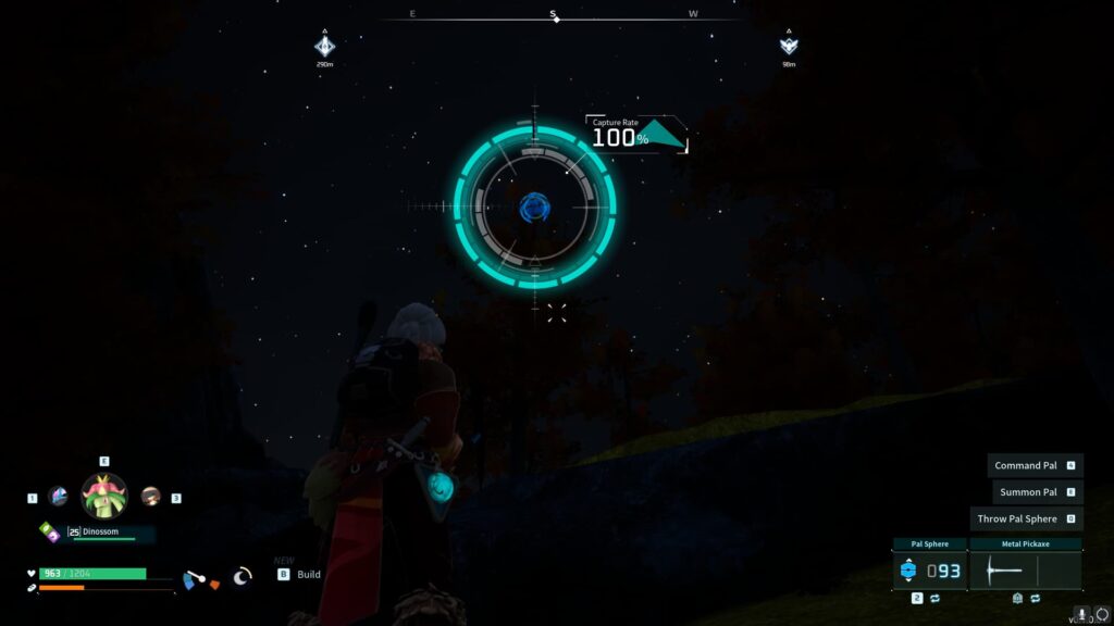 The Pal Tamer made a successful catch of the Caprity in Palworld, with the Sphere rate showing 100%.