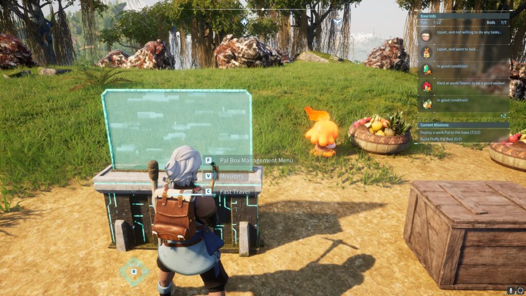 A Pal Tamer approaches their Palbox in Palworld.