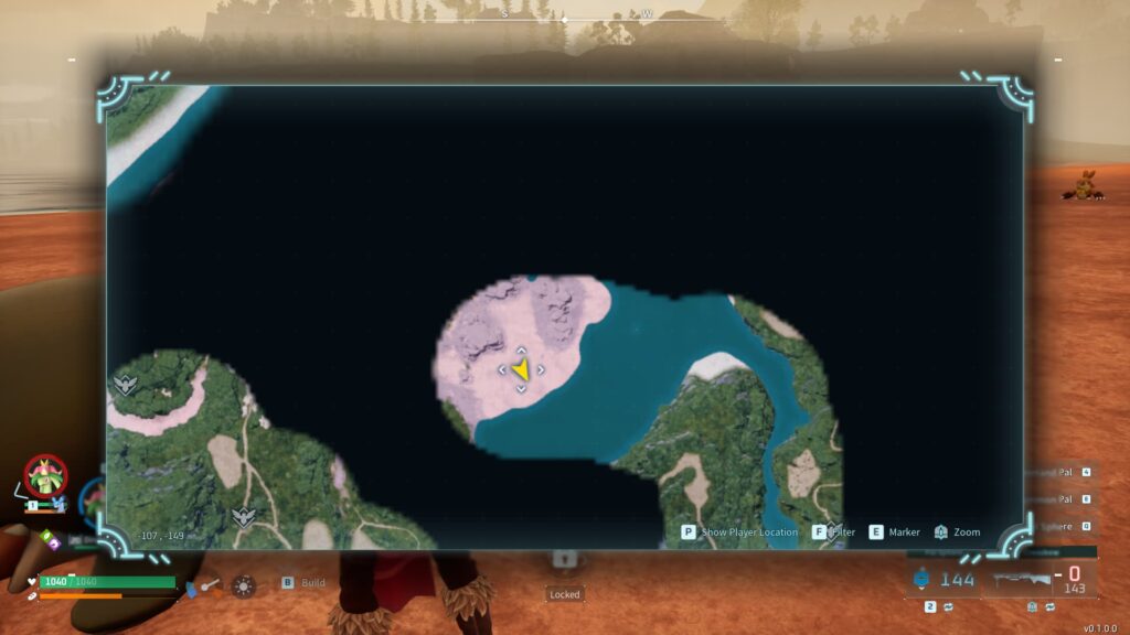 The map of Palworld shoes the beach location of Damud, who drops High Quality Pal Oil.