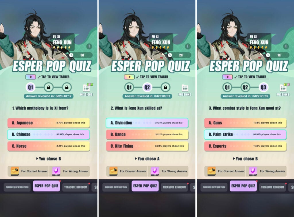 Dislyte Esper Pop Quiz Feng Xun answers 