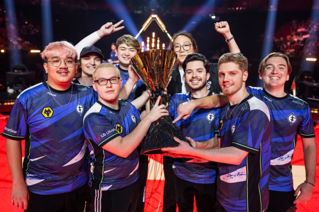 Evil Geniuses pose with the VALORANT Champions Los Angeles Trophy after victory at the Grand Finals at the Kia Forum on August 26, 2023 in Los Angeles, California.
