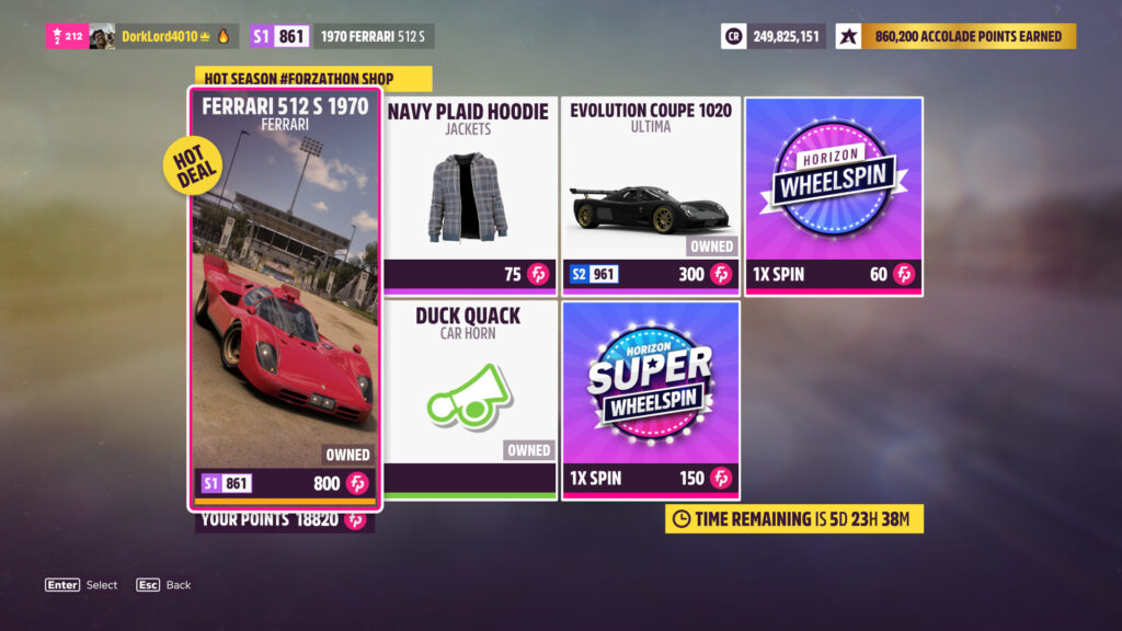 The Ferrari 512 S 1970 available in the Forzathon shop.