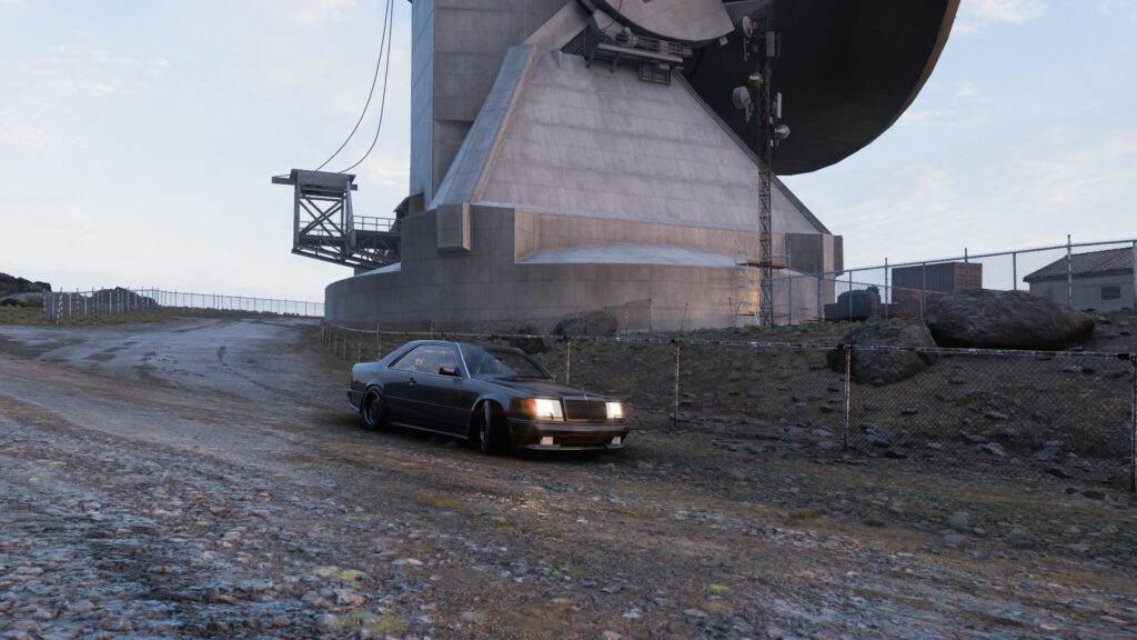 A Mercedes Benz is photographed near a giant telescope in Forza Horizon 5.