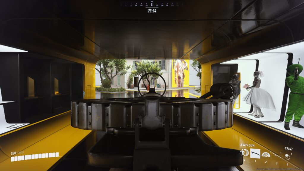 A player aims down the sights of the Lewis Gun.