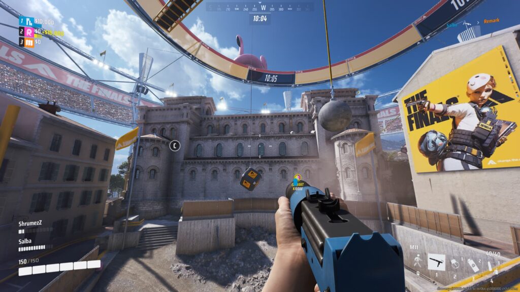 A player looks towards the church on the Monaco map of The Finals.