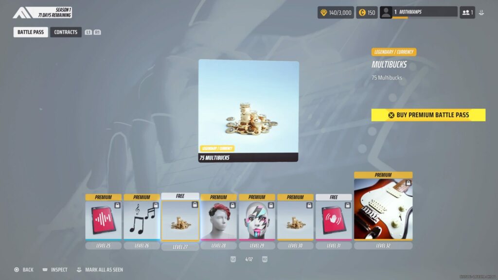 Level 27 of The Finals Battle Pass showing a free tier reward of 75 Multibucks.