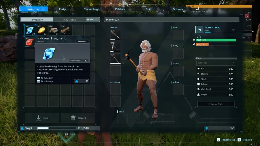 A player hovers over Paldium Fragments in their Palworld inventory screen.