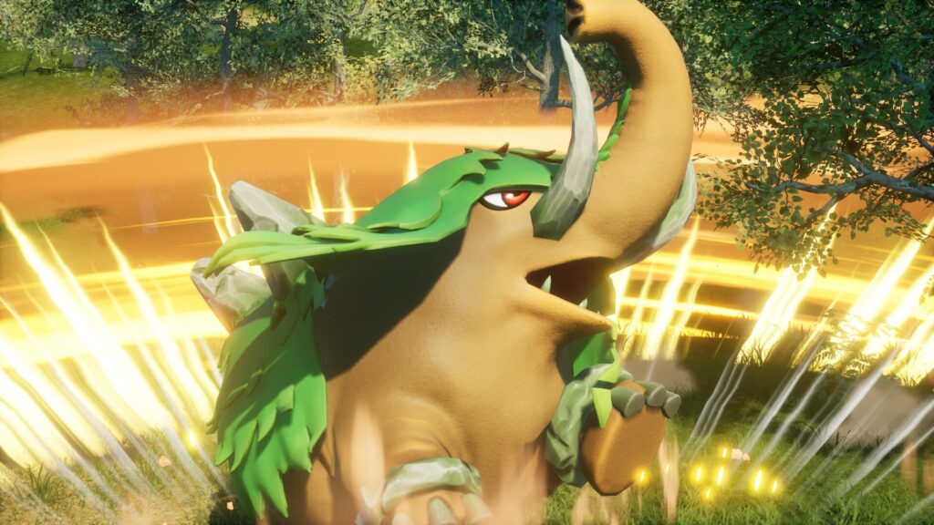 A mammoth-looking Pal rages forward in Palworld.