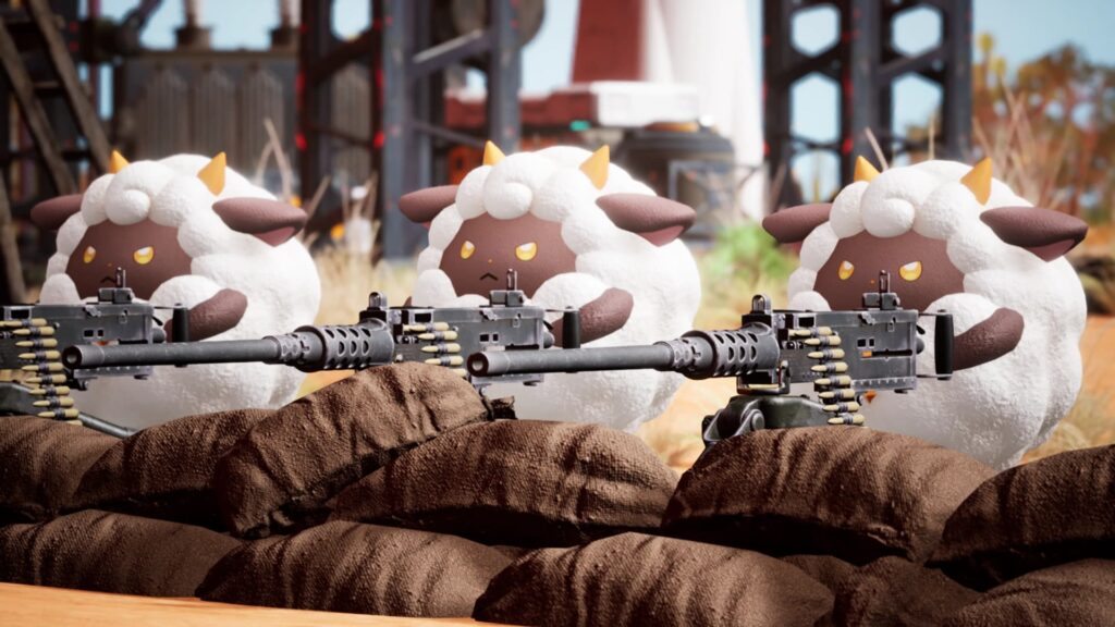 Sheep-like Pals line up and shoot guns in Palworld.