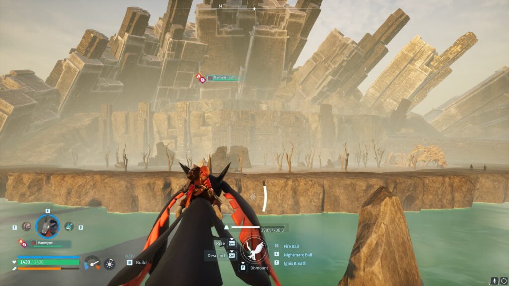 A player riding a Pal approaches the Wildlife Sanctuary in Palworld.