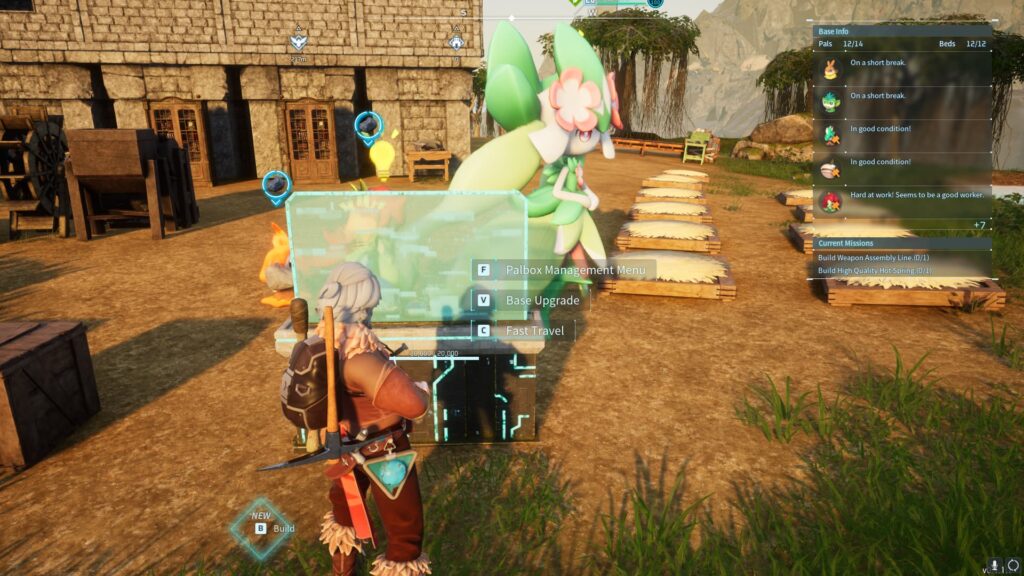 A player approaches the Palbox in Palworld, with the options to manage Pals, view missions, and fast travel.