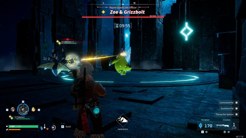 Warsect battles Zoe and Grizzbolt in their tower of Palworld as the Pal Tamer looks on.