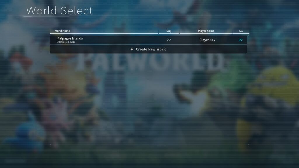 The world select screen in Palworld, which shows how many in-game Days a player has been in the Early Access world.