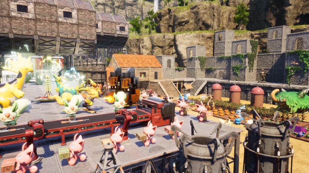 Several Pals work hard in Palworld to create a variety of products in an outdoor factory setting.