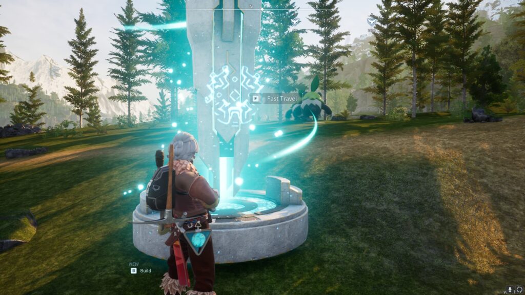 The player approaches a Great Eagle statue in Palworld, with the option to fast travel available.