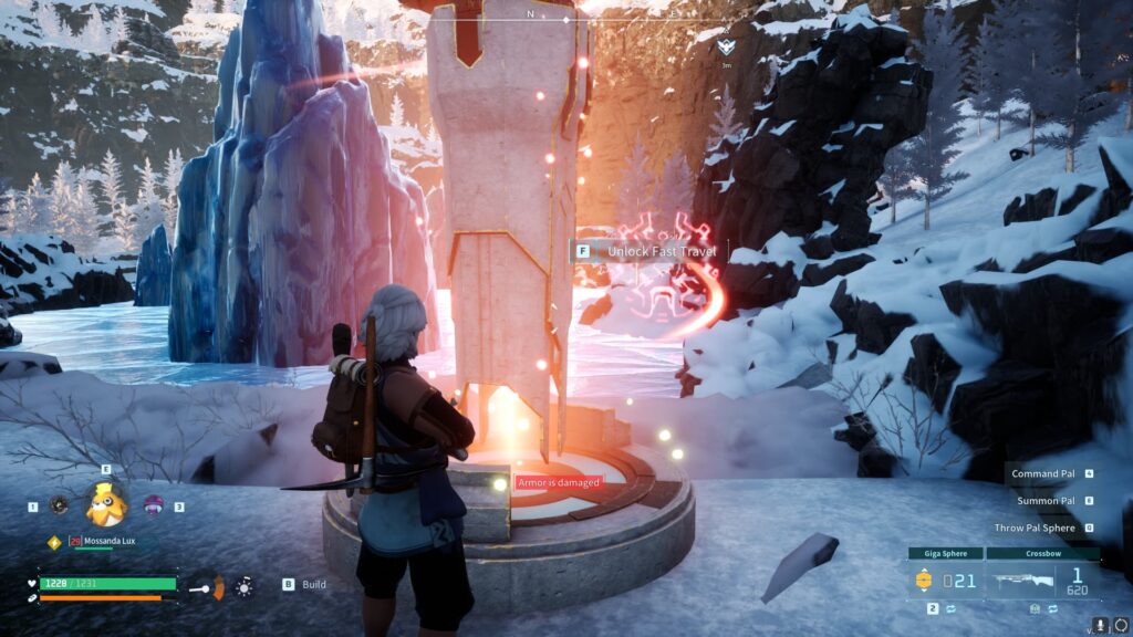 A Pal Tamer approaches a Great Eagle statue, with the option to unlock it for fast travel in Palworld.