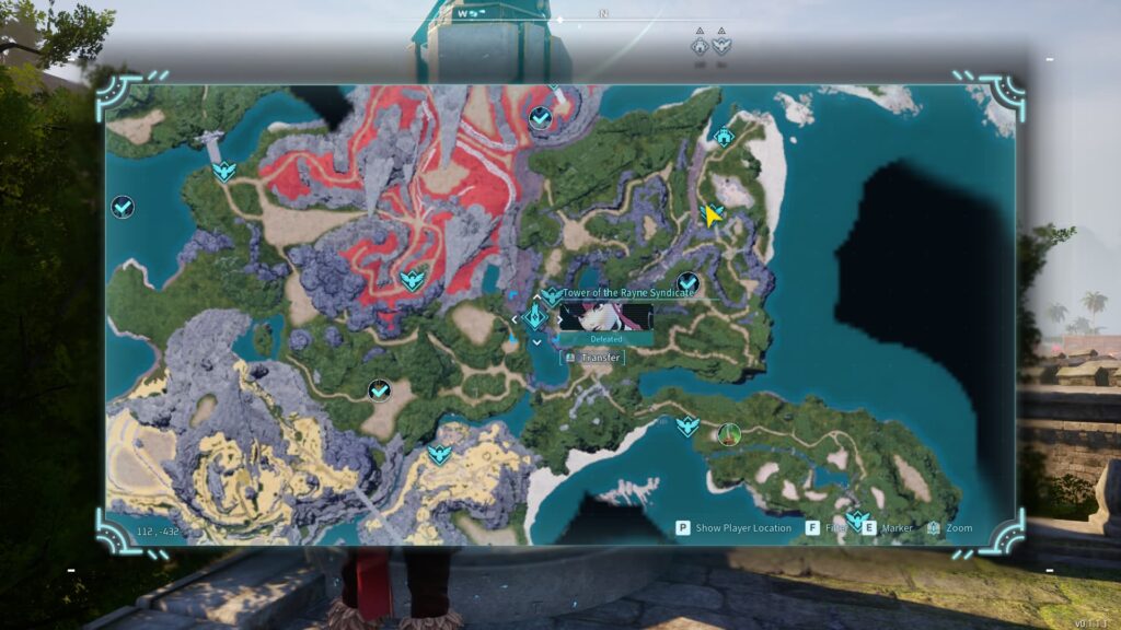 The map shows the Rayne Syndicate tower boss as defeated, which has opened it up as a travel location.