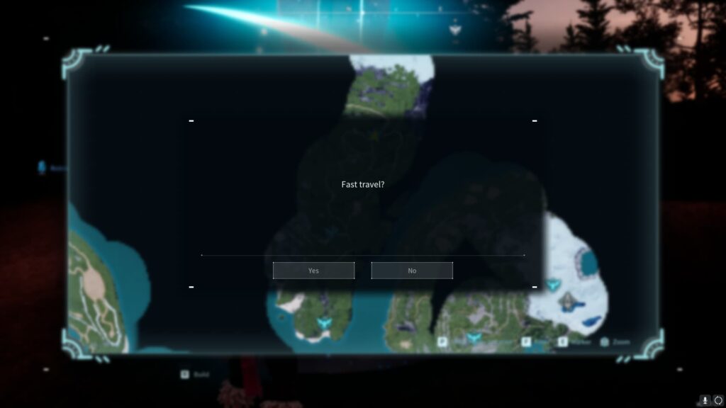 The player is asked to confirm fast travel in Palworld by selecting Yes or No.