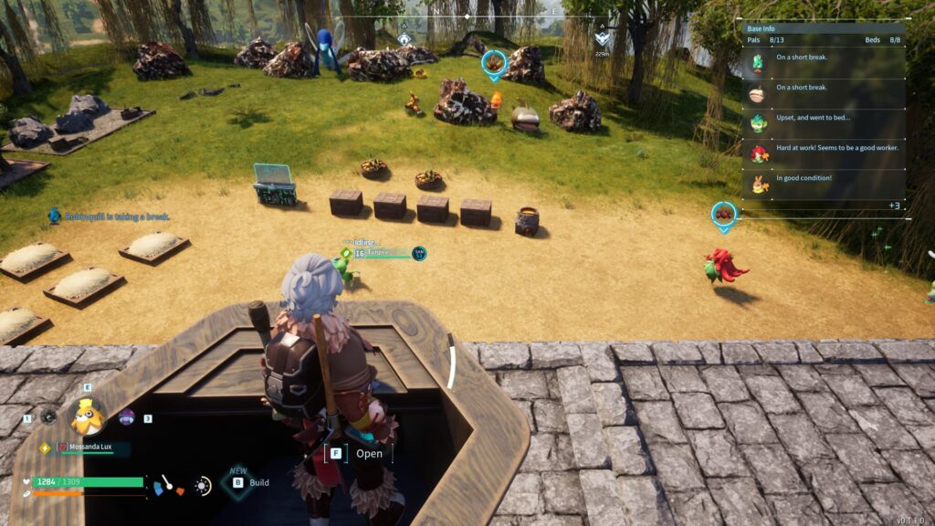 A player overlooks his Pals in Palworld as they get to work in his base.