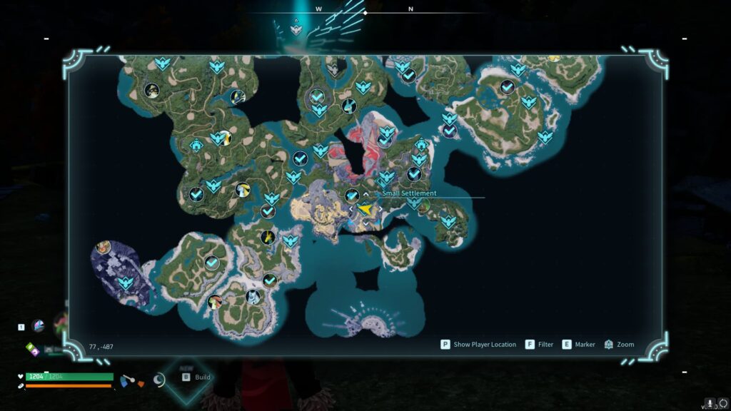 The map shows the location of the Small Settlement in Palworld.