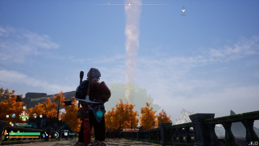 Smoke rises from a Syndicate camp in Palworld.