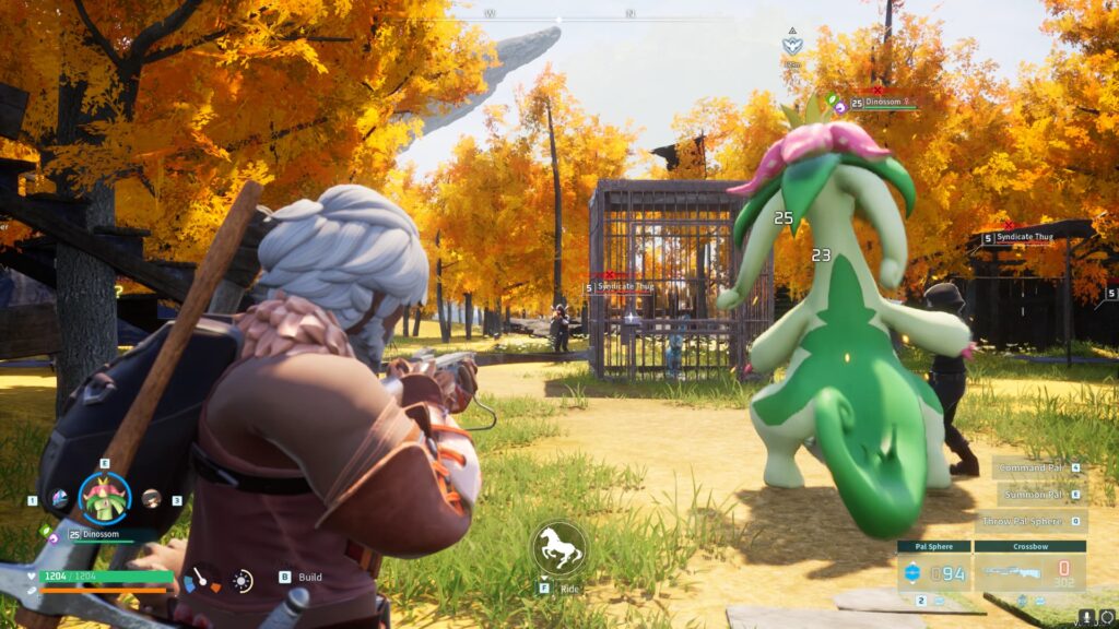 A player and his Dinossom attack a Syndicate camp.