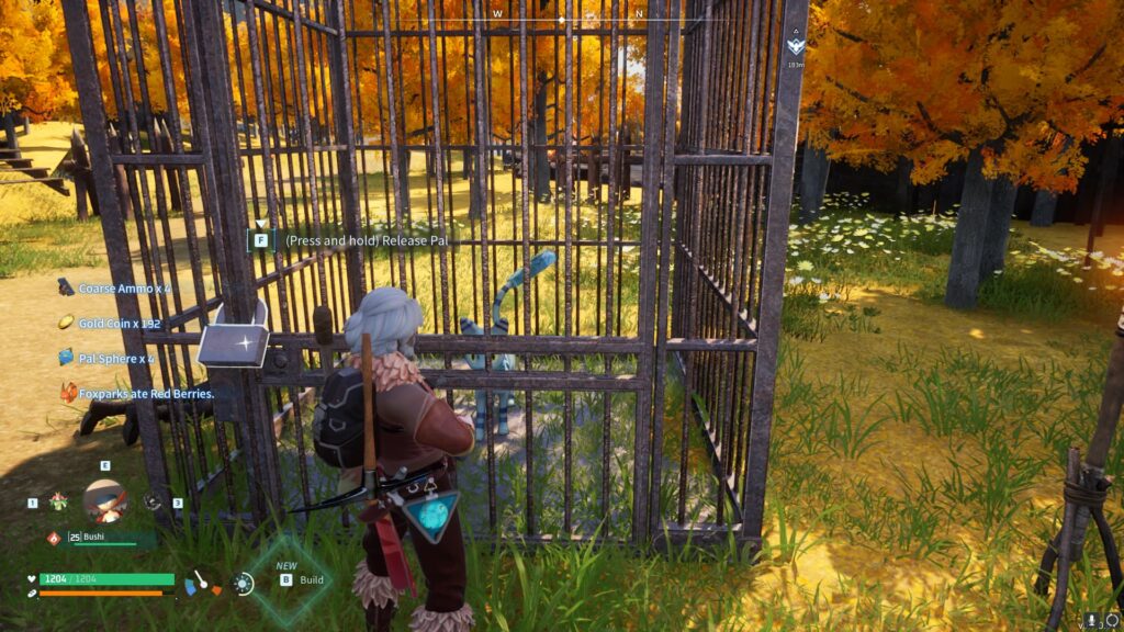 The player approaches a Pal trapped in a cage, which he can catch if set free.