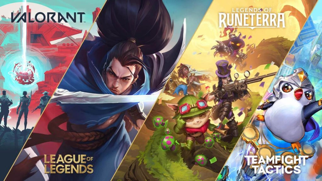 Cover images for VALORANT, League of Legends, Legends of Runeterra, and Teamfight Tactics.