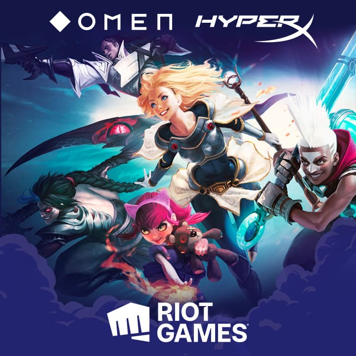 Riot Games characters appear on a graphic for the developer, OMEN, and HyperX partnership.