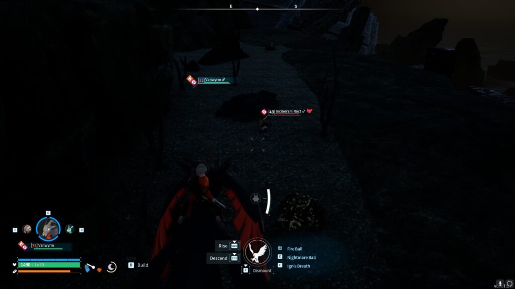 A player flies above an Incineram Noct at the No. 3 Wildlife Sanctuary in Palworld.