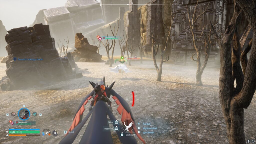 A player flies near a Lyleen at the No. 3 Wildlife Sanctuary in Palworld.