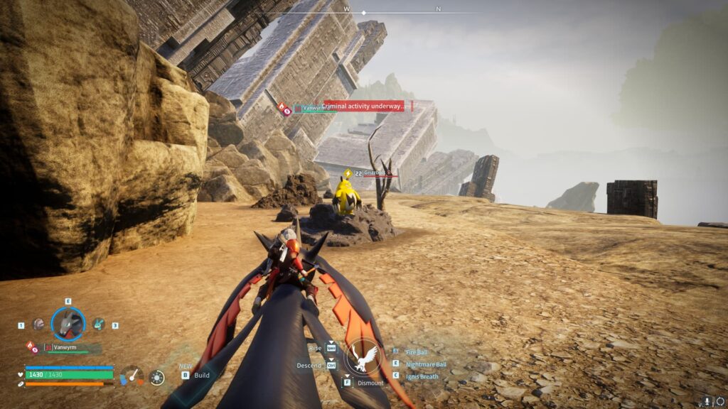 A player flies near a Grizzbolt at the No. 1 Wildlife Sanctuary in Palworld.