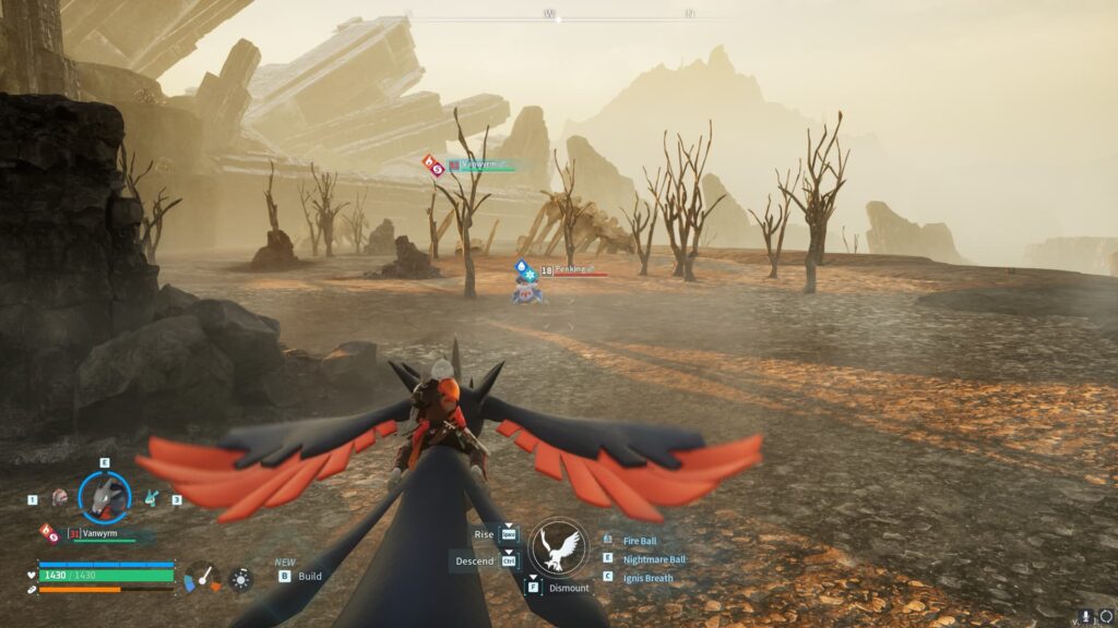 A player flies near a Penking at the No. 1 Wildlife Sanctuary in Palworld.