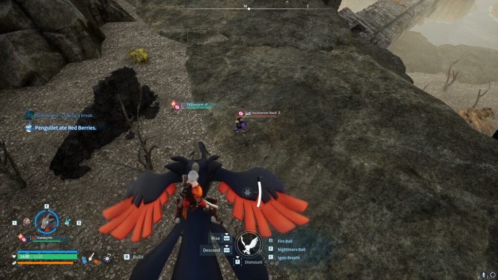 A player flies above an Incineram Noct at the No. 2 Wildlife Sanctuary in Palworld.
