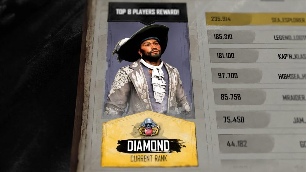 A player is placed in Diamond Rank on the Skull and Bones leaderboard, as shown in the Year 1 roadmap trailer.