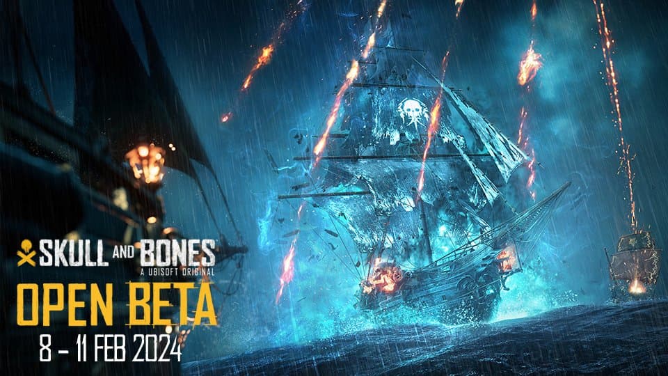 A pirate ship survives a rush of waves as the Skull and Bones open beta dates are shown.
