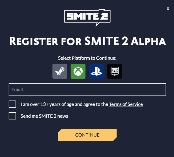 Smite 2 alpha playtest sign up screen