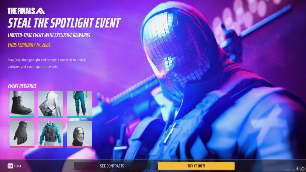 The intro to the Steal the Spotlight even in the Finals, showing the rewards, the end date, and the cosmetic character.