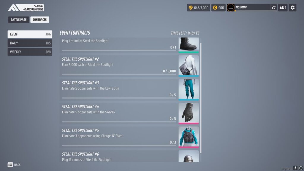 The six contracts for the Steal the Spotlight event in The Finals, and their respective rewards.