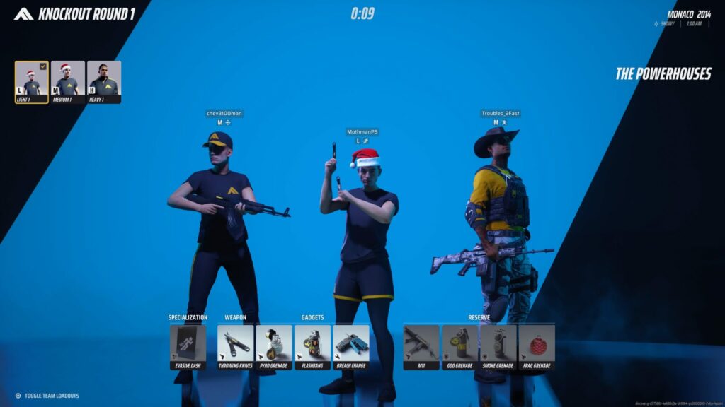 The pre-game lobby in The Finals shows the team named The Powerhouses as they select their contestants and loadouts.