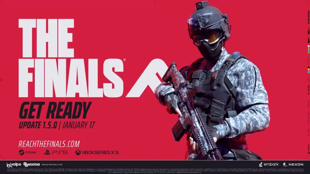 A camo-wearing contestant with a helmet holds an FCAR in a graphic promoting the 1.5.0 update for The Finals.