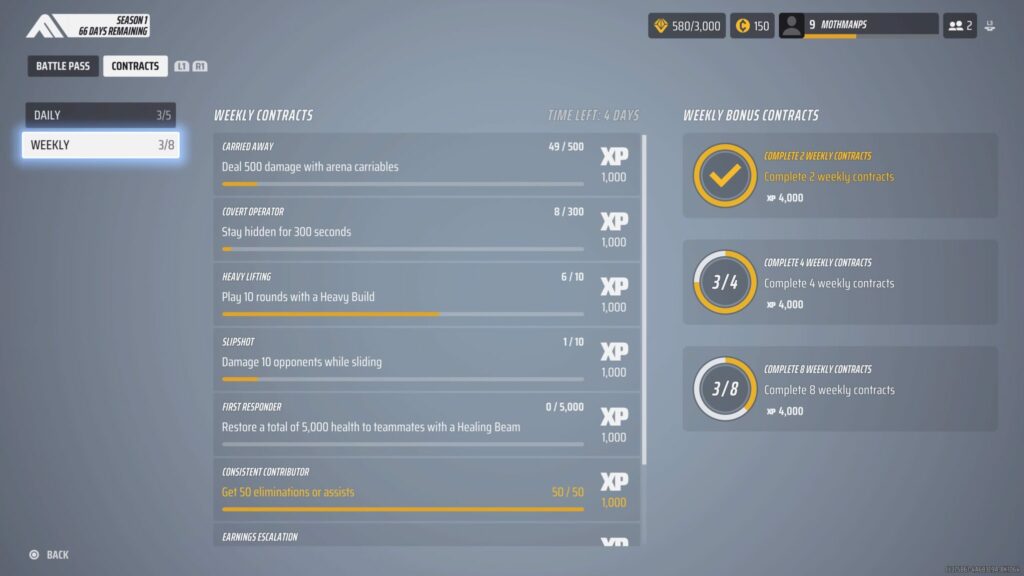 The Weekly Contracts for The Finals, showing Carried Away at the top, where players need to deal 500 damage with arena carriables.