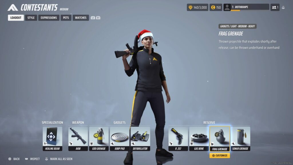 The contestant loadout screen of The Finals showing the player's arsenal of weapons and equipment.